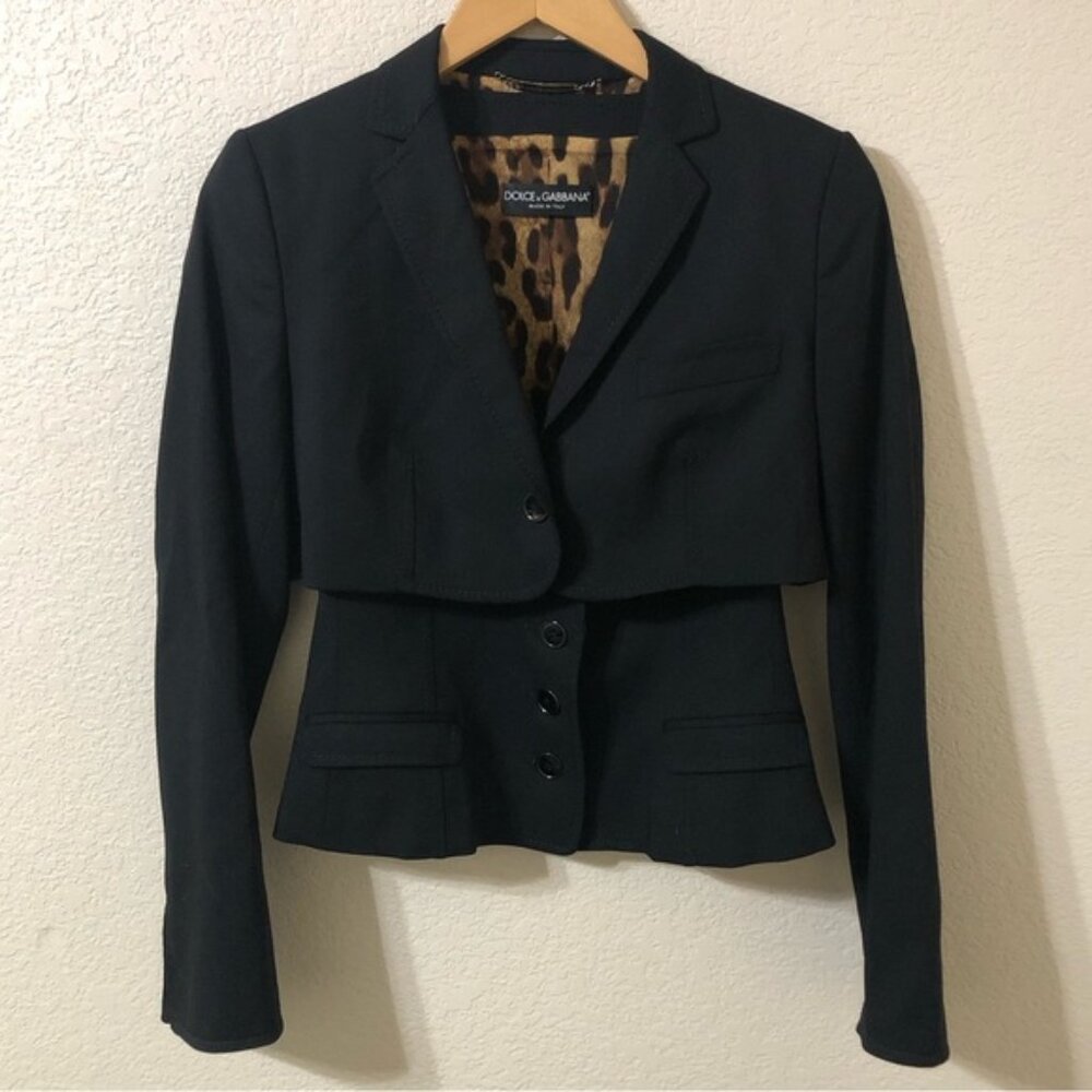 Dolce & Gabbana Italian Womens Black Blazer with Vest & Leopard Lining Size 40